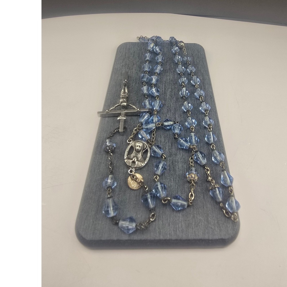 Vintage Estate Rosary Necklace Blue Faceted Glass Beads Crucifix Virgin Mary 22"
